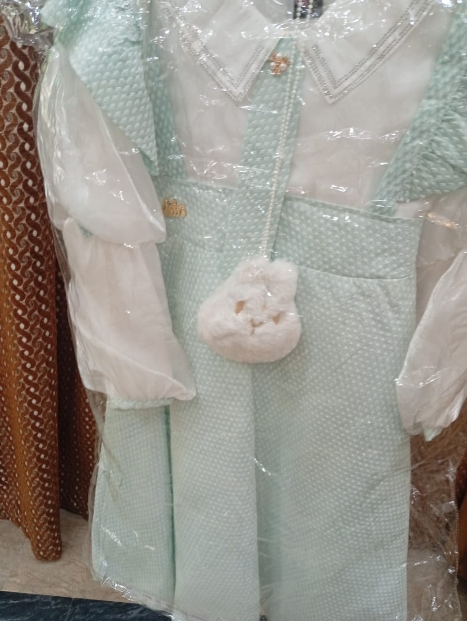 Girls' Mint Green Overall Dress with Long Sleeve Blouse & Plush Bunny Charm
