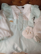 Girls' Mint Green Overall Dress with Long Sleeve Blouse & Plush Bunny Charm