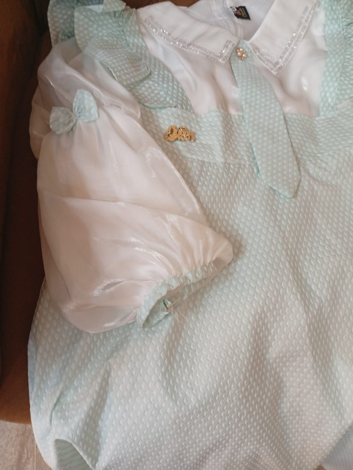 Girls' Mint Green Overall Dress with Long Sleeve Blouse & Plush Bunny Charm