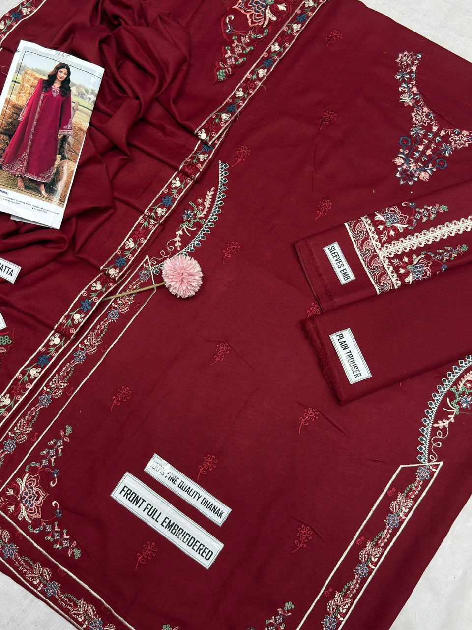 Embroidered Maroon Dhanak 3-Piece Suit with 4 side embroidered Wool Shawl