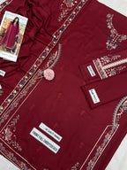 Embroidered Maroon Dhanak 3-Piece Suit with 4 side embroidered Wool Shawl