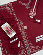 Embroidered Maroon Dhanak 3-Piece Suit with 4 side embroidered Wool Shawl