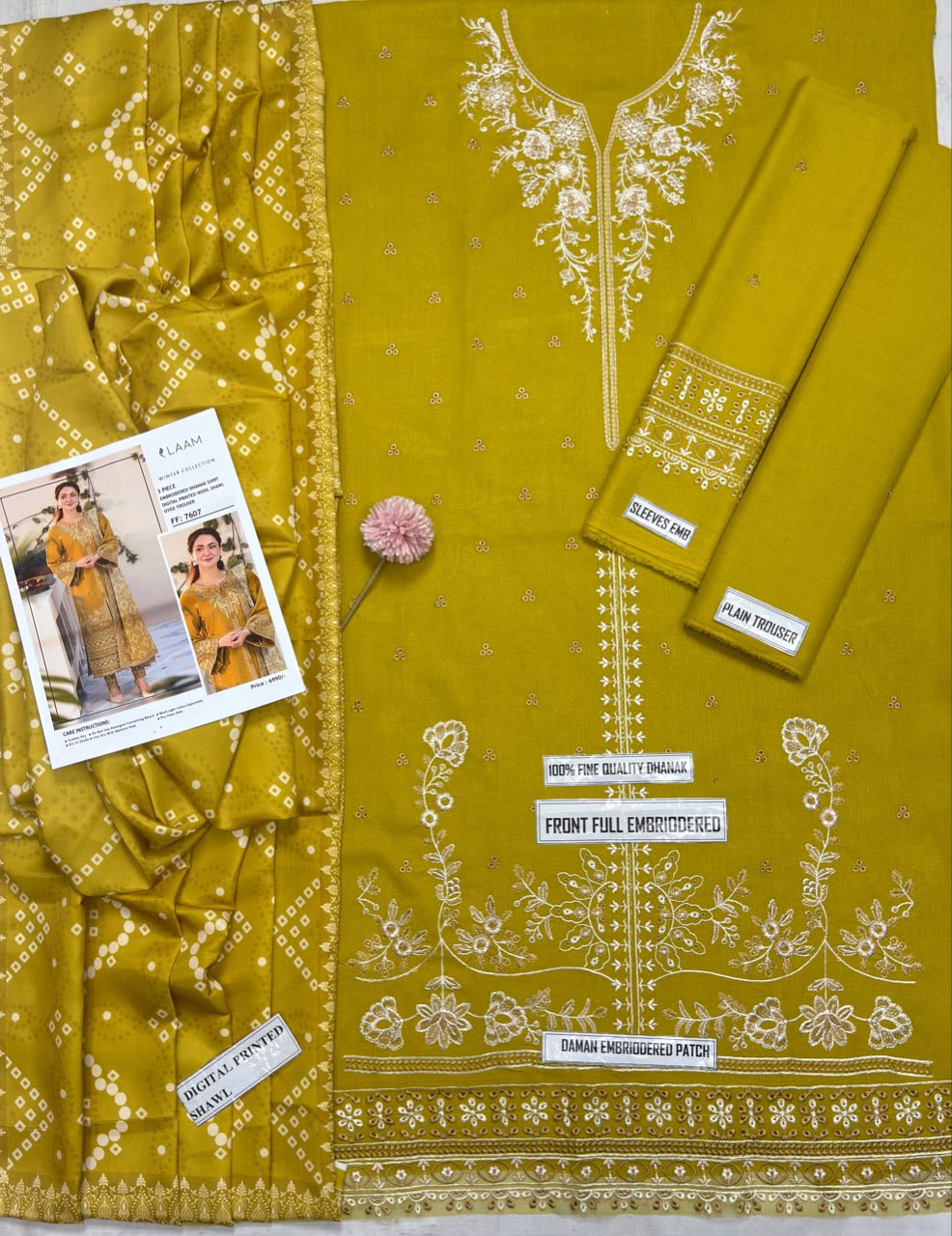 Embroidered Dhanak 3-Piece Unstitched Suit with Digital Printed Wool Shawl