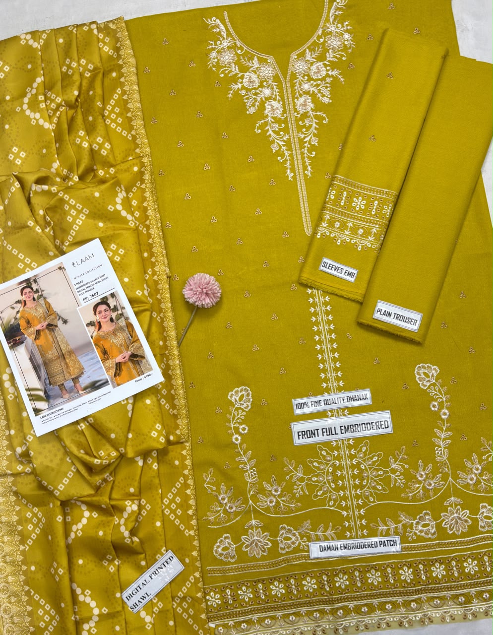Embroidered Dhanak 3-Piece Unstitched Suit with Digital Printed Wool Shawl