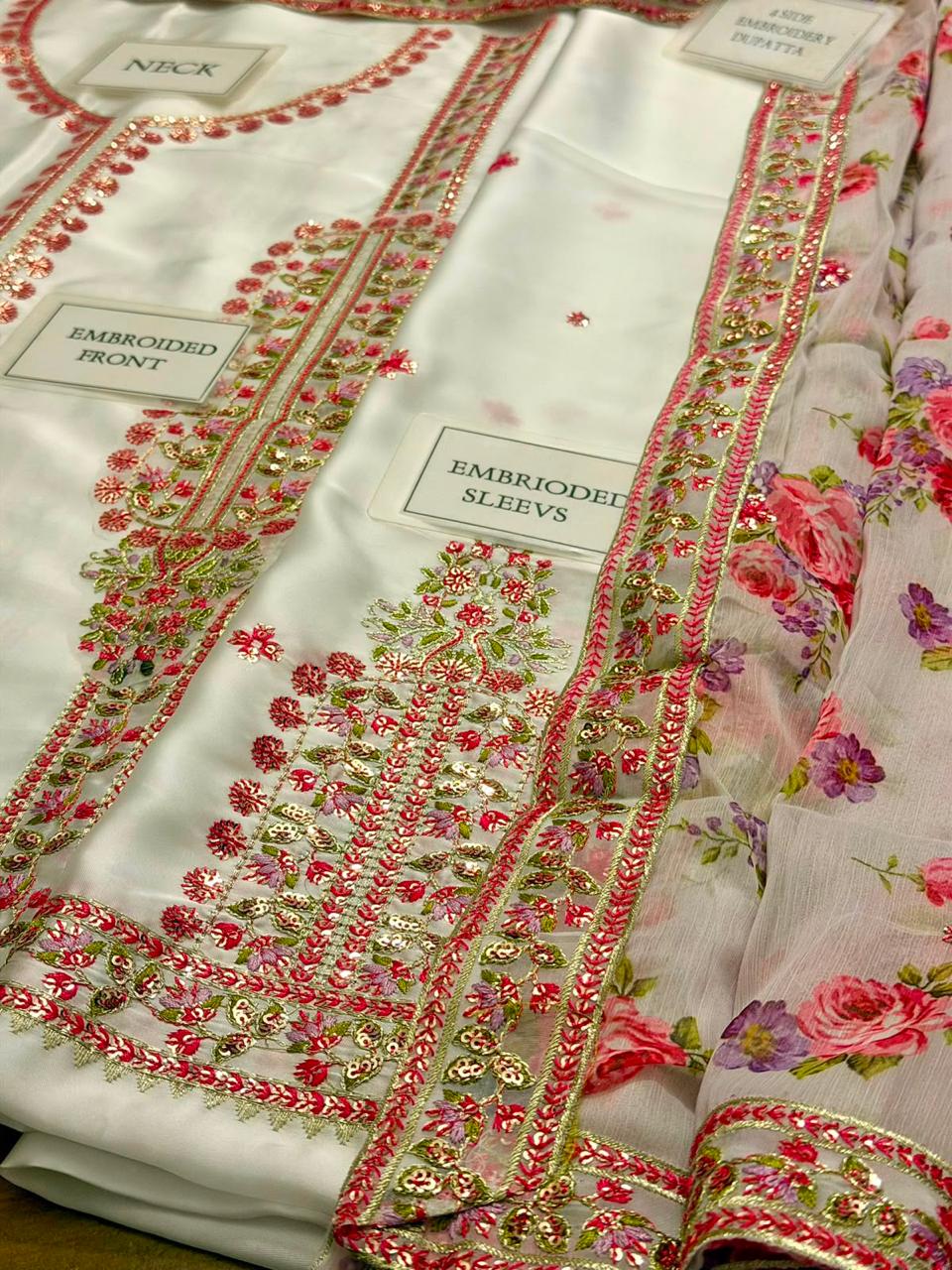 Ivory Blossom Embroidered 3-piece Silk Suit