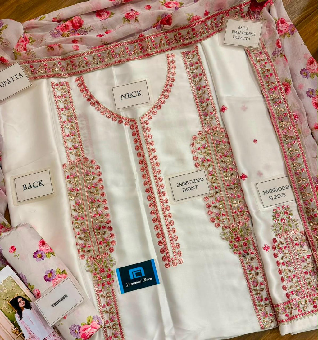 Ivory Blossom Embroidered 3-piece Silk Suit