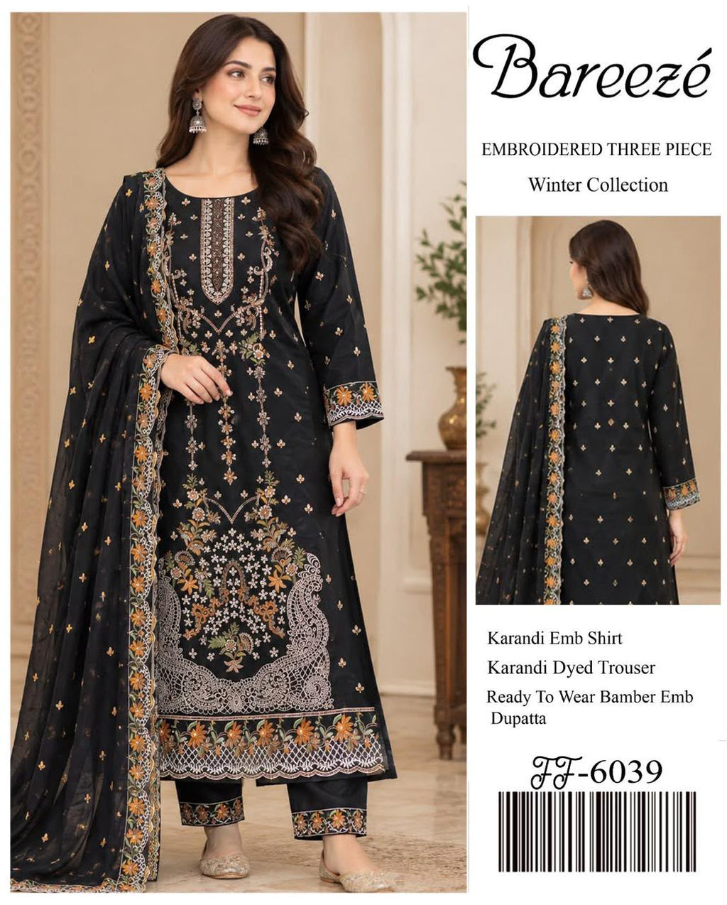 Black Embroidered karandi 3-piece Suit with Bamber Chiffon Dupatta unstitch