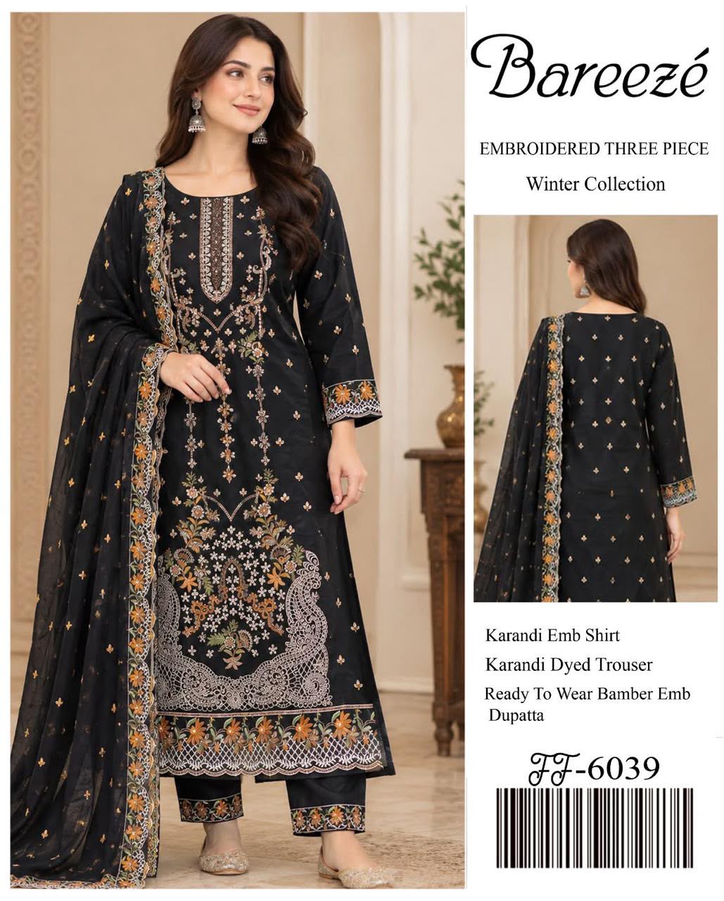 Black Embroidered karandi 3-piece Suit with Bamber Chiffon Dupatta unstitch