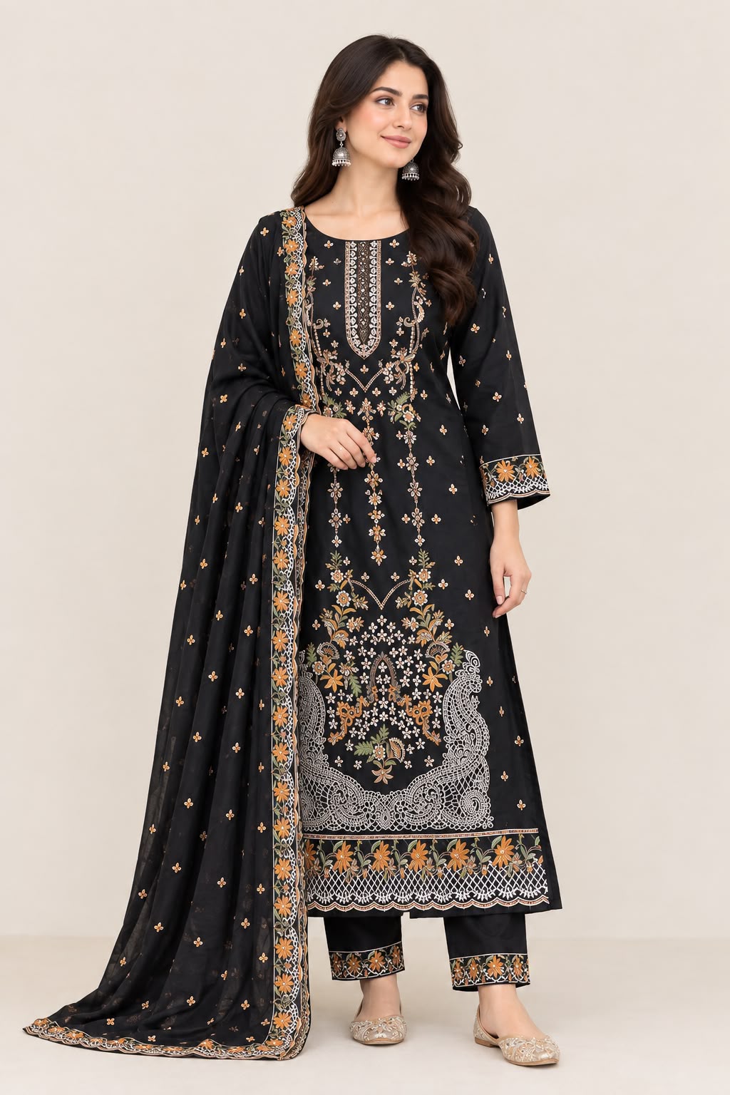 Black Embroidered karandi 3-piece Suit with Bamber Chiffon Dupatta unstitch