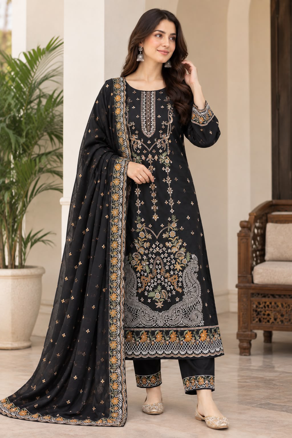 Black Embroidered karandi 3-piece Suit with Bamber Chiffon Dupatta unstitch