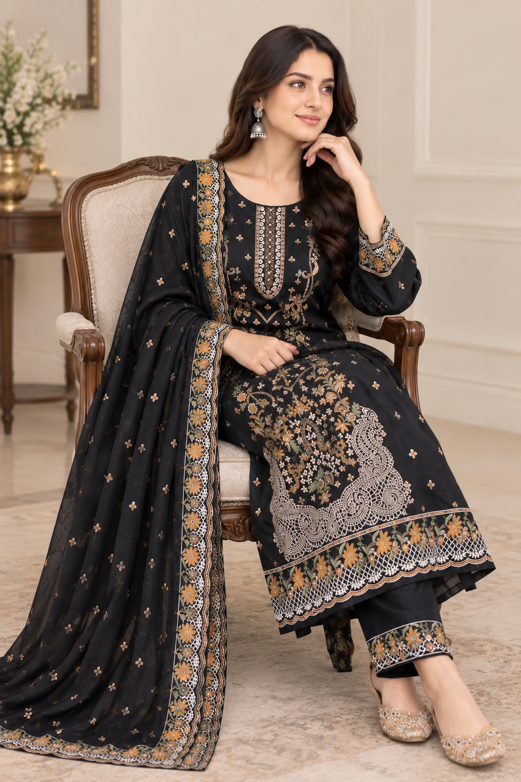 Black Embroidered karandi 3-piece Suit with Bamber Chiffon Dupatta unstitch