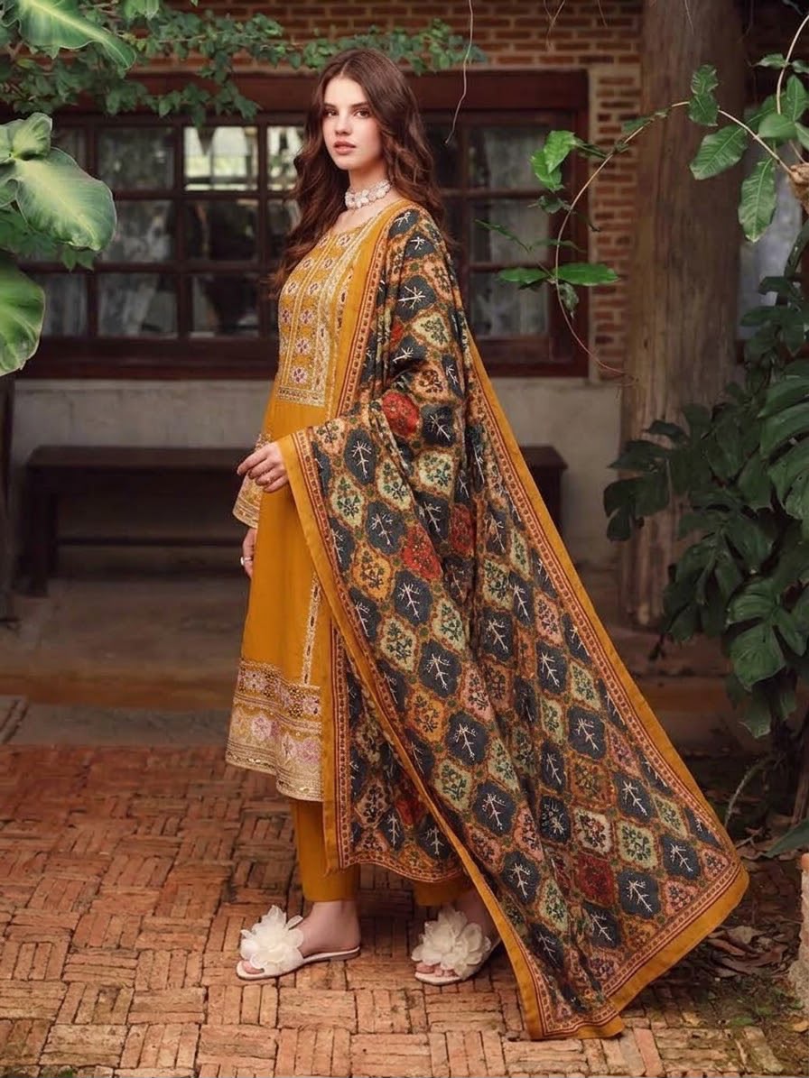 Earthy Mustard Embroidered Dhanak Suit with Digital Printed Shawl