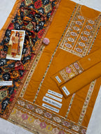 Earthy Mustard Embroidered Dhanak Suit with Digital Printed Shawl