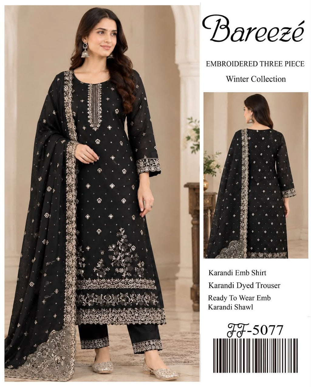 Luxury Black Karandi Ensemble Featuring Gold Embroidery and Heavy Embroidered Shawl