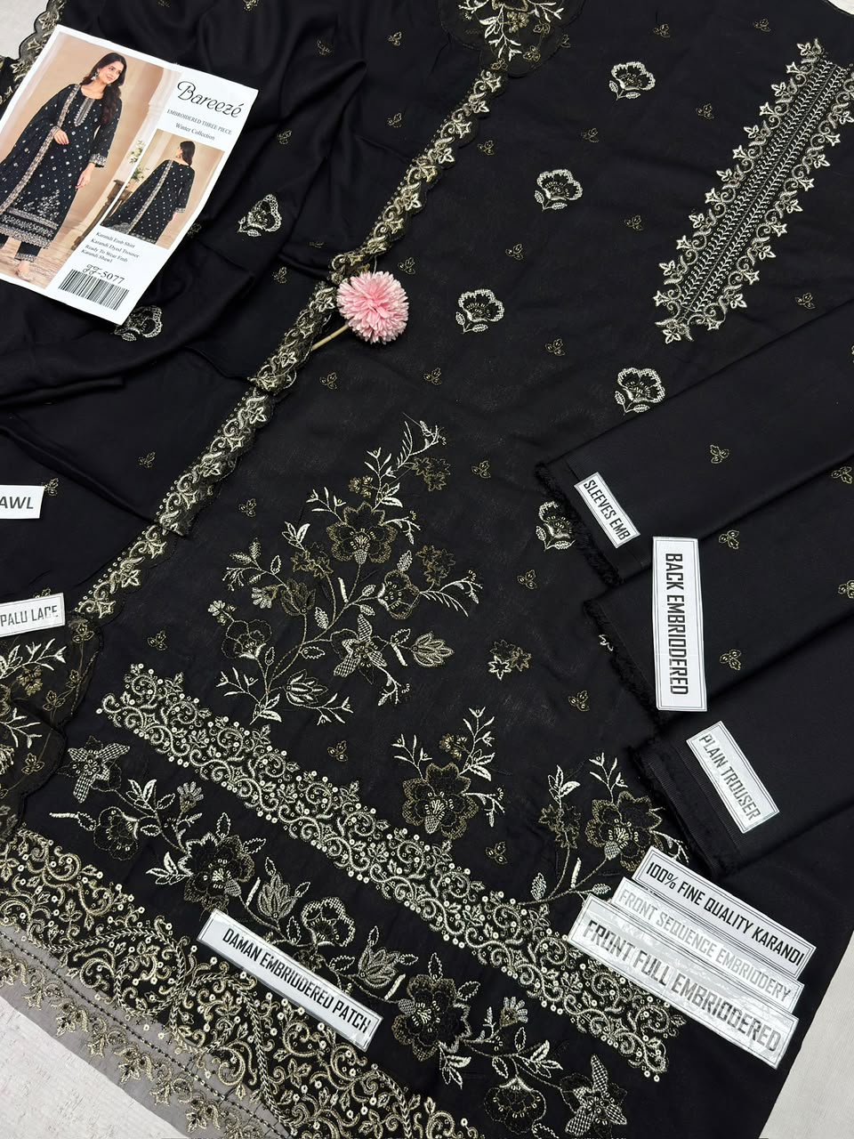 Luxury Black Karandi Ensemble Featuring Gold Embroidery and Heavy Embroidered Shawl