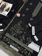 Luxury Black Karandi Ensemble Featuring Gold Embroidery and Heavy Embroidered Shawl