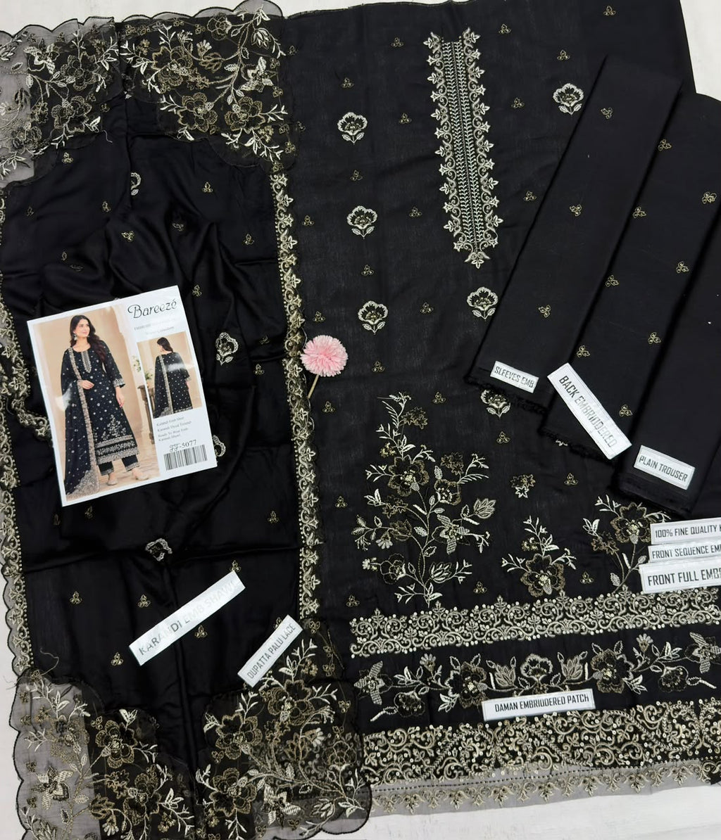 Luxury Black Karandi Ensemble Featuring Gold Embroidery and Heavy Embroidered Shawl
