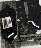 Luxury Black Karandi Ensemble Featuring Gold Embroidery and Heavy Embroidered Shawl