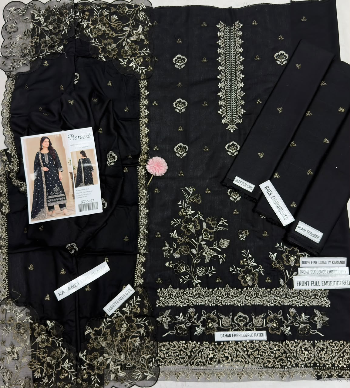 Luxury Black Karandi Ensemble Featuring Gold Embroidery and Heavy Embroidered Shawl