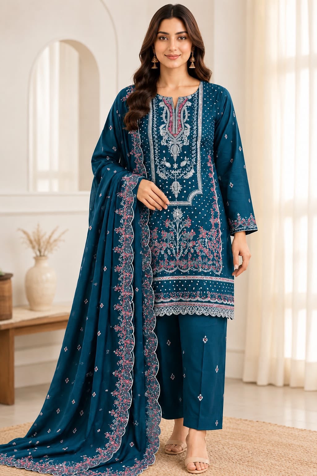 Midnight Teal Front-Sequinned & Embroidered Unstitched Outfit