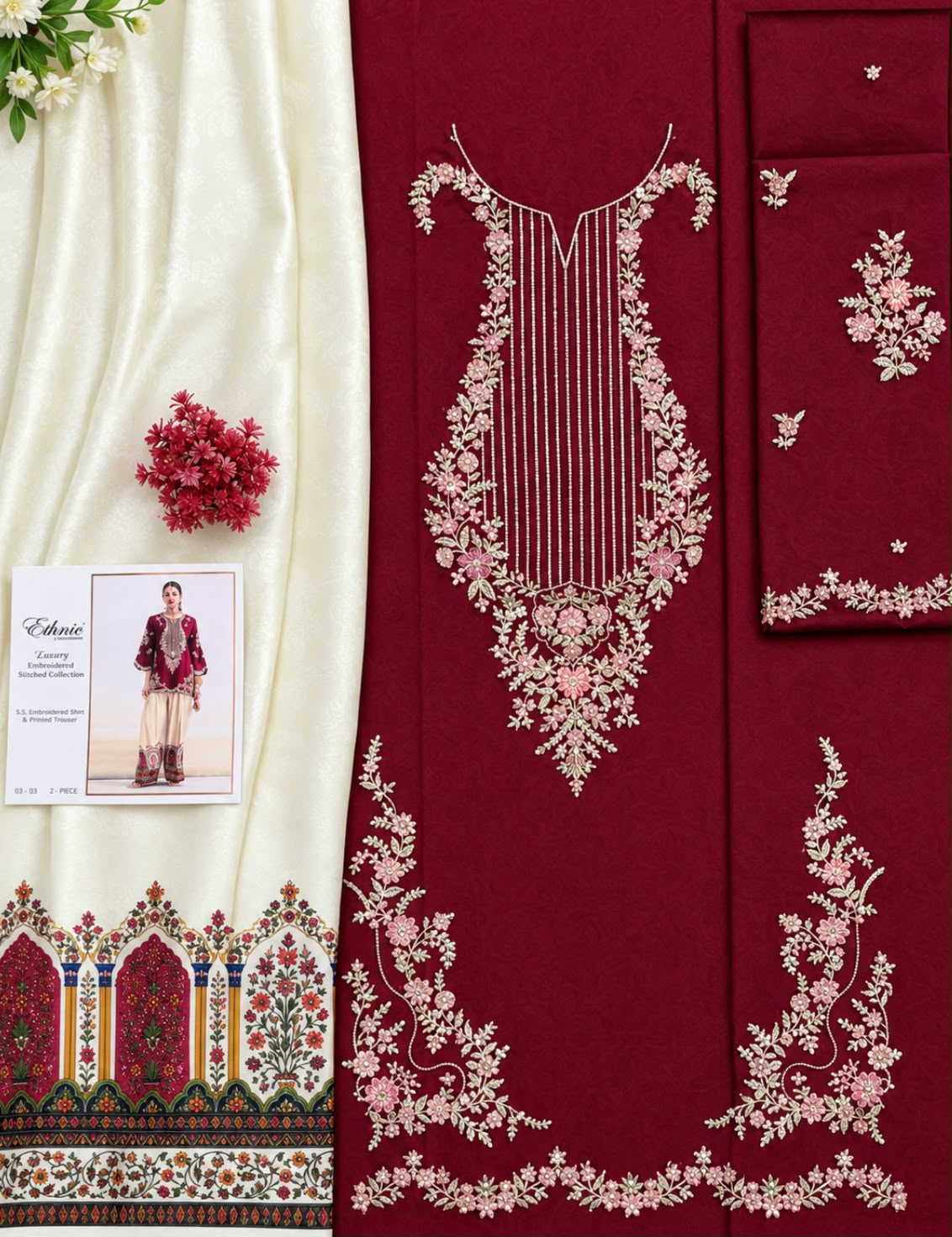 Maroon Silk Embroidered Luxury 2-Piece Suit Unstitch