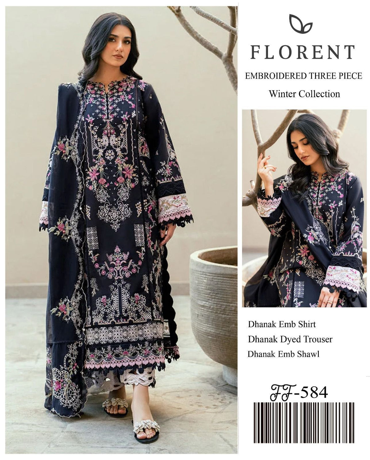 Florent Black Chikenkari & Dhanak Embroidered Unstitched Outfit unstitch