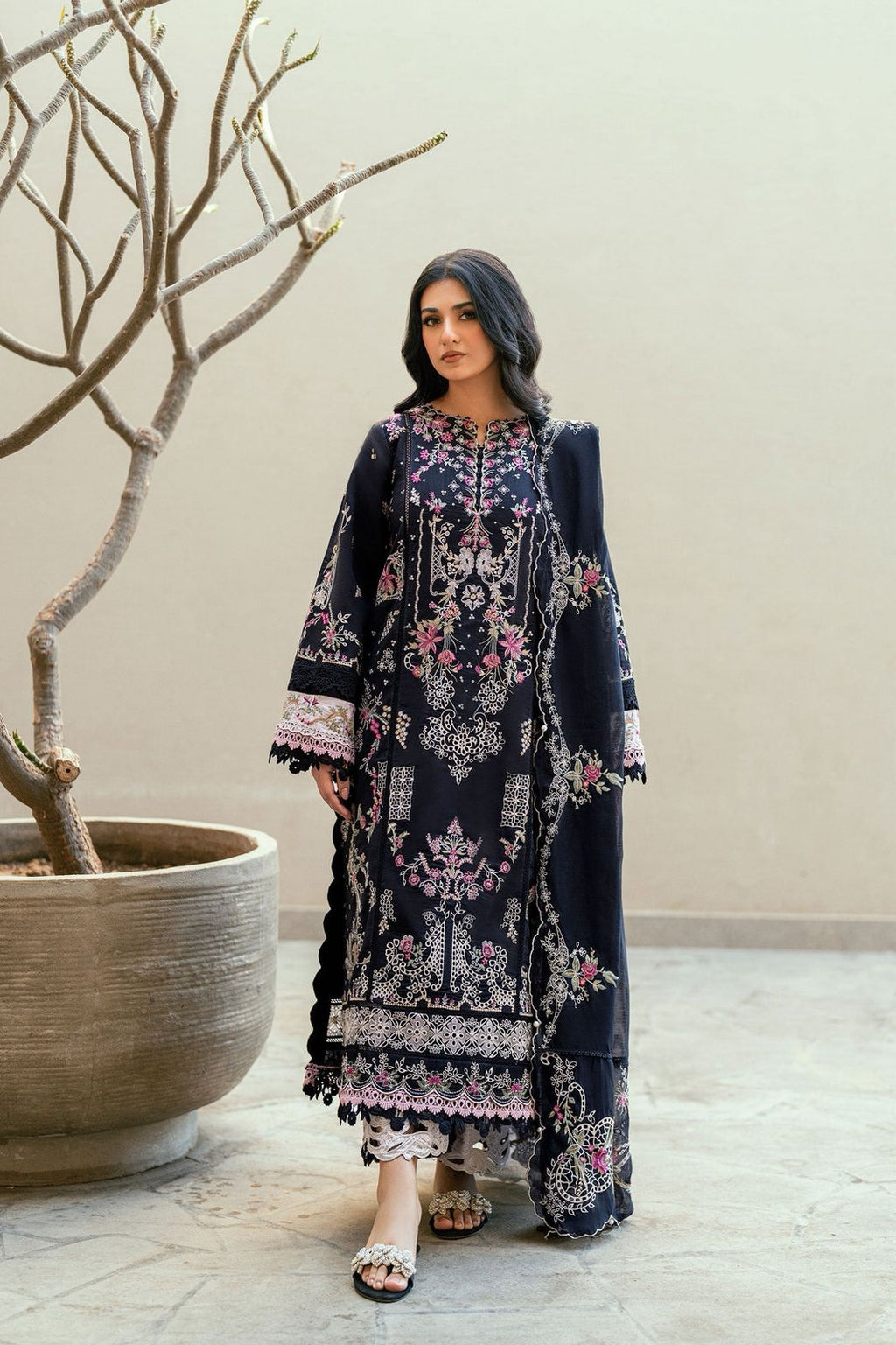 Florent Black Chikenkari & Dhanak Embroidered Unstitched Outfit unstitch