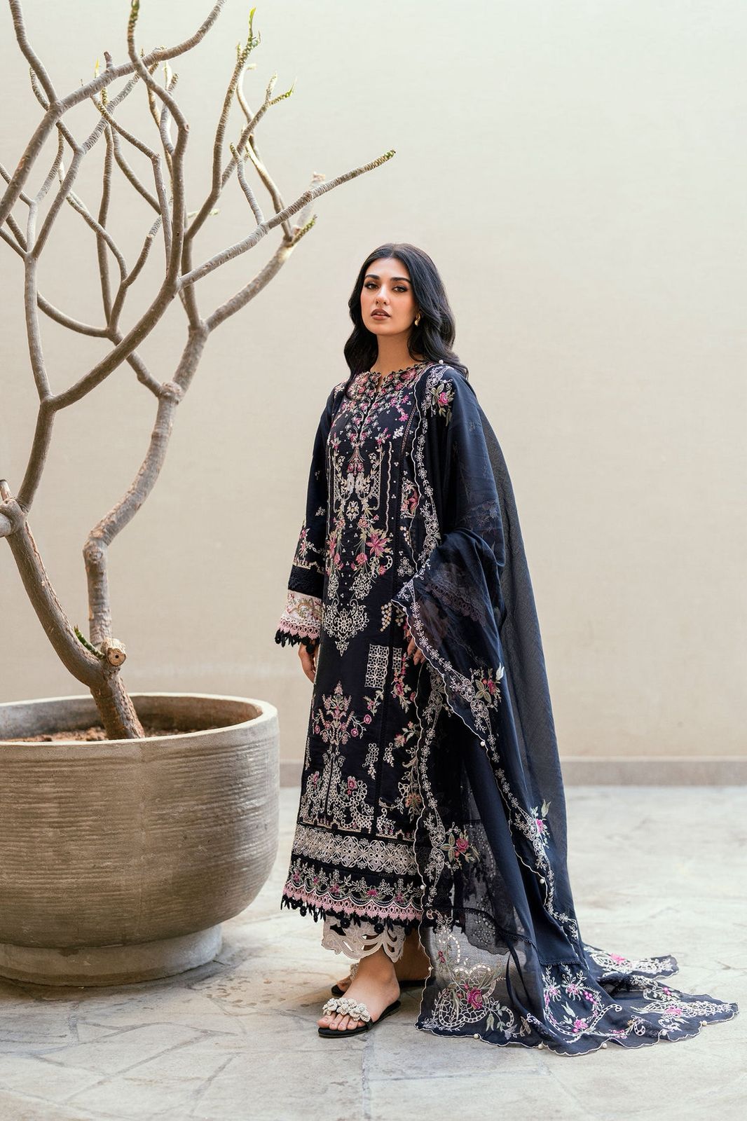 Florent Black Chikenkari & Dhanak Embroidered Unstitched Outfit unstitch