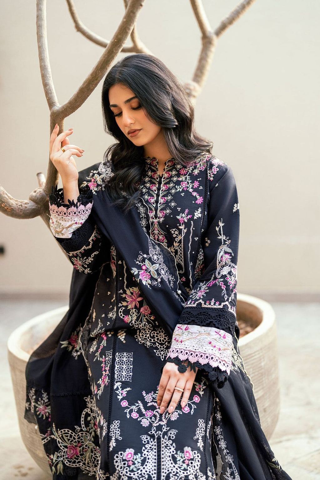 Florent Black Chikenkari & Dhanak Embroidered Unstitched Outfit unstitch