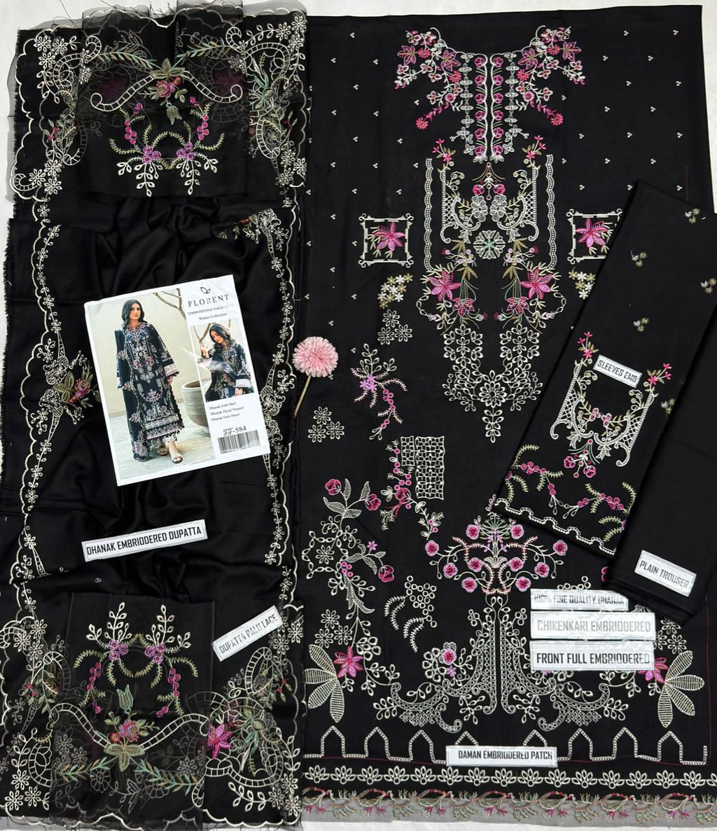 Florent Black Chikenkari & Dhanak Embroidered Unstitched Outfit unstitch