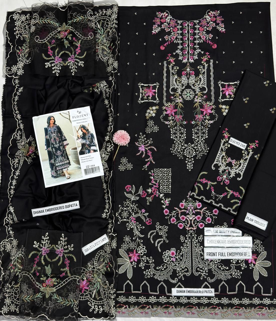 Florent Black Chikenkari & Dhanak Embroidered Unstitched Outfit unstitch