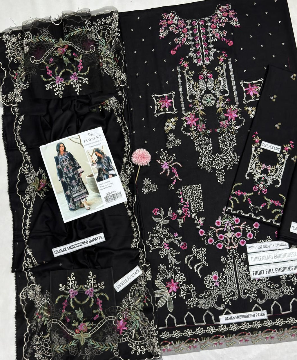 Florent Black Chikenkari & Dhanak Embroidered Unstitched Outfit unstitch