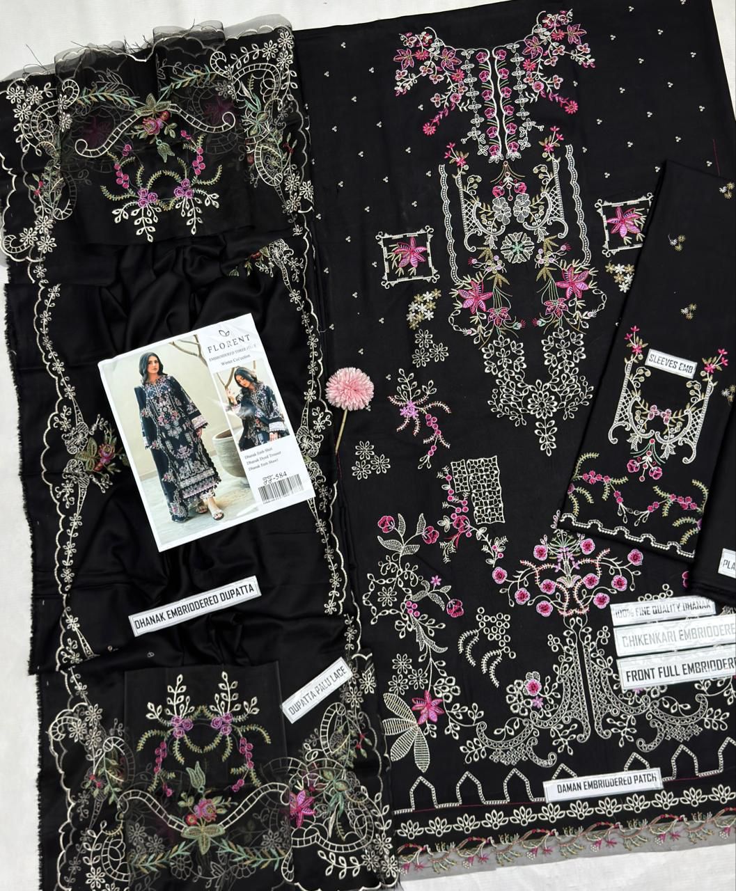 Florent Black Chikenkari & Dhanak Embroidered Unstitched Outfit unstitch