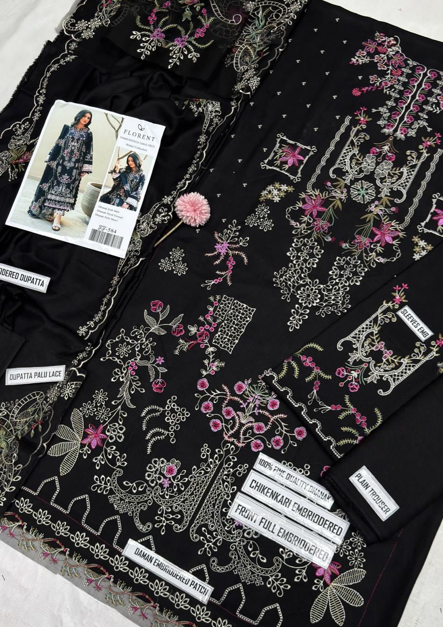 Florent Black Chikenkari & Dhanak Embroidered Unstitched Outfit unstitch