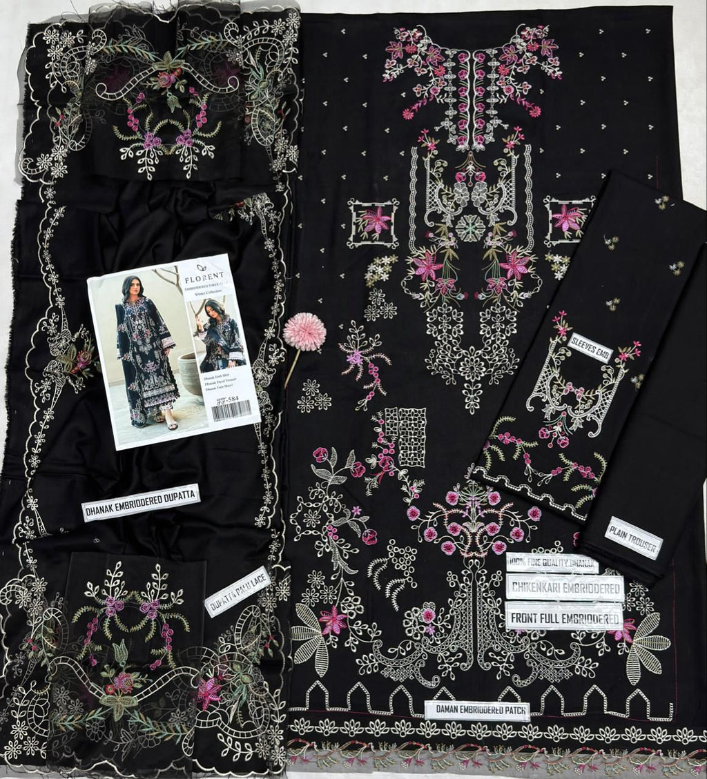 Florent Black Chikenkari & Dhanak Embroidered Unstitched Outfit unstitch