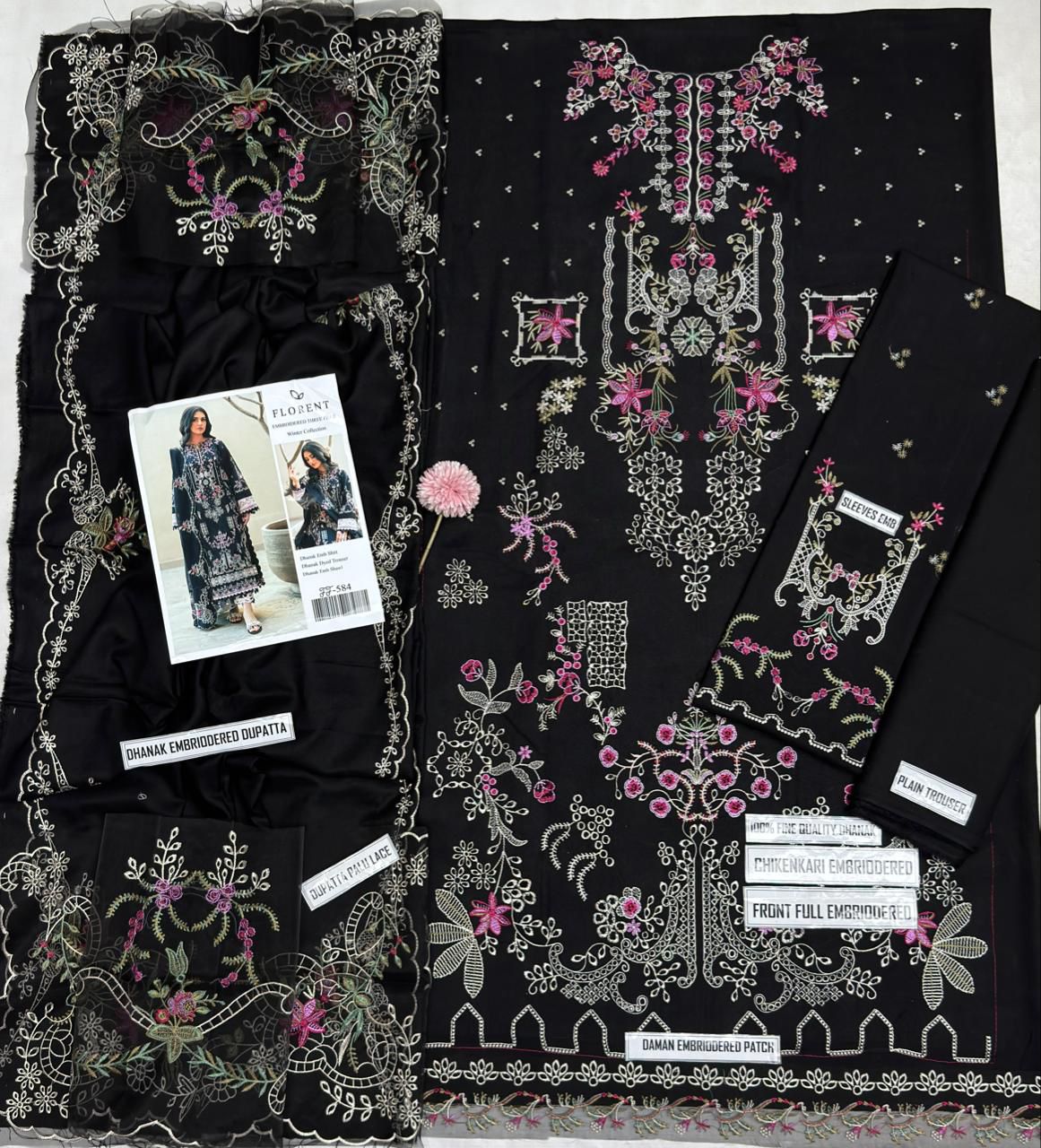 Florent Black Chikenkari & Dhanak Embroidered Unstitched Outfit unstitch