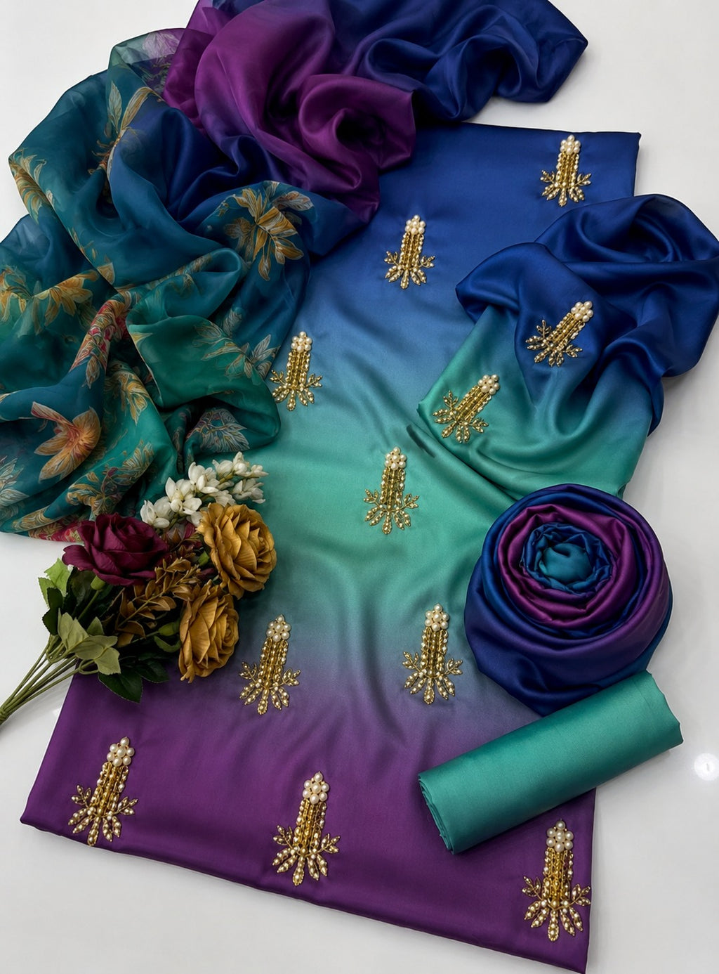 Blue-to-Purple Ombré Pearl-Embellished Suit