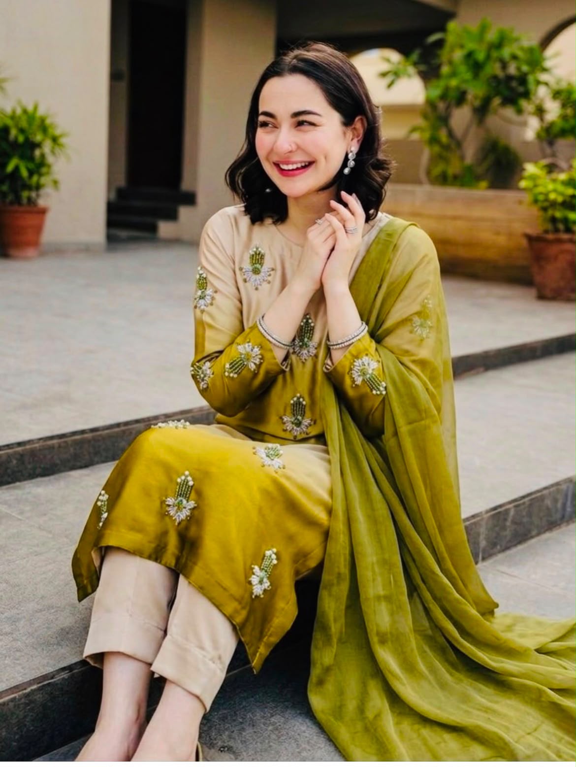 Earthy Ombre Embroidered Tye&Dye Silk Suit with Matching Dupatta