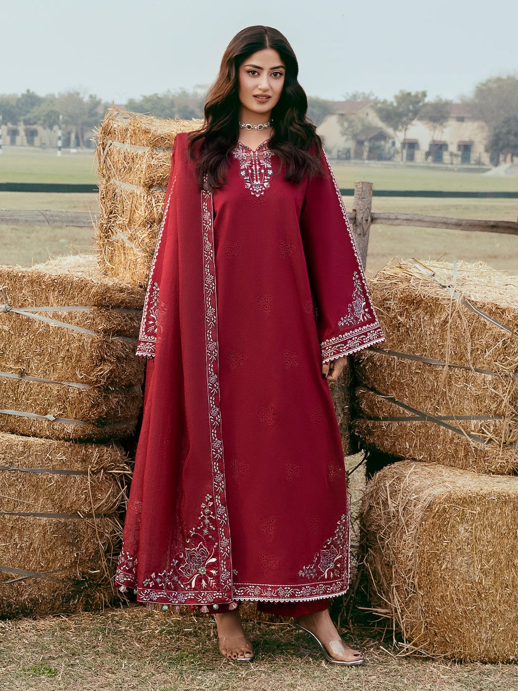 Embroidered Maroon Dhanak 3-Piece Suit with 4 side embroidered Wool Shawl