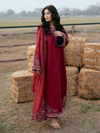 Embroidered Maroon Dhanak 3-Piece Suit with 4 side embroidered Wool Shawl