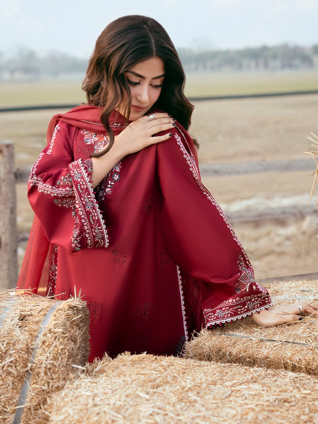 Embroidered Maroon Dhanak 3-Piece Suit with 4 side embroidered Wool Shawl