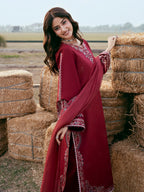 Embroidered Maroon Dhanak 3-Piece Suit with 4 side embroidered Wool Shawl