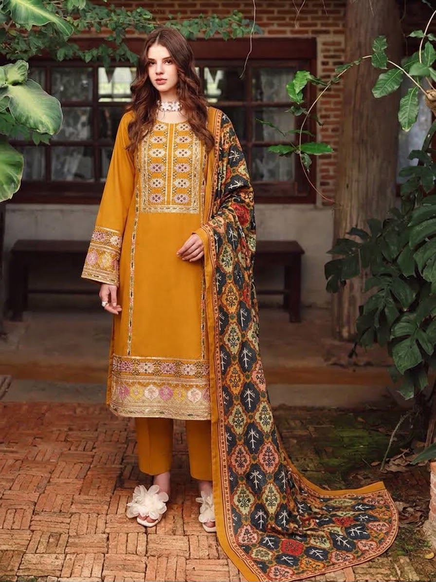 Earthy Mustard Embroidered Dhanak Suit with Digital Printed Shawl