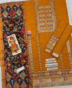 Earthy Mustard Embroidered Dhanak Suit with Digital Printed Shawl