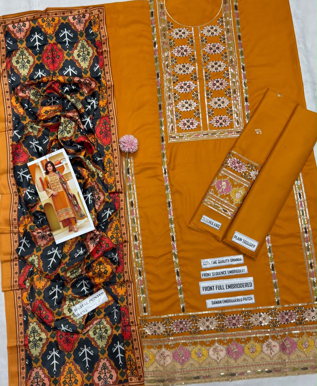 Earthy Mustard Embroidered Dhanak Suit with Digital Printed Shawl