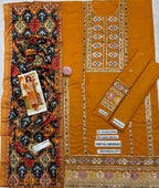 Earthy Mustard Embroidered Dhanak Suit with Digital Printed Shawl