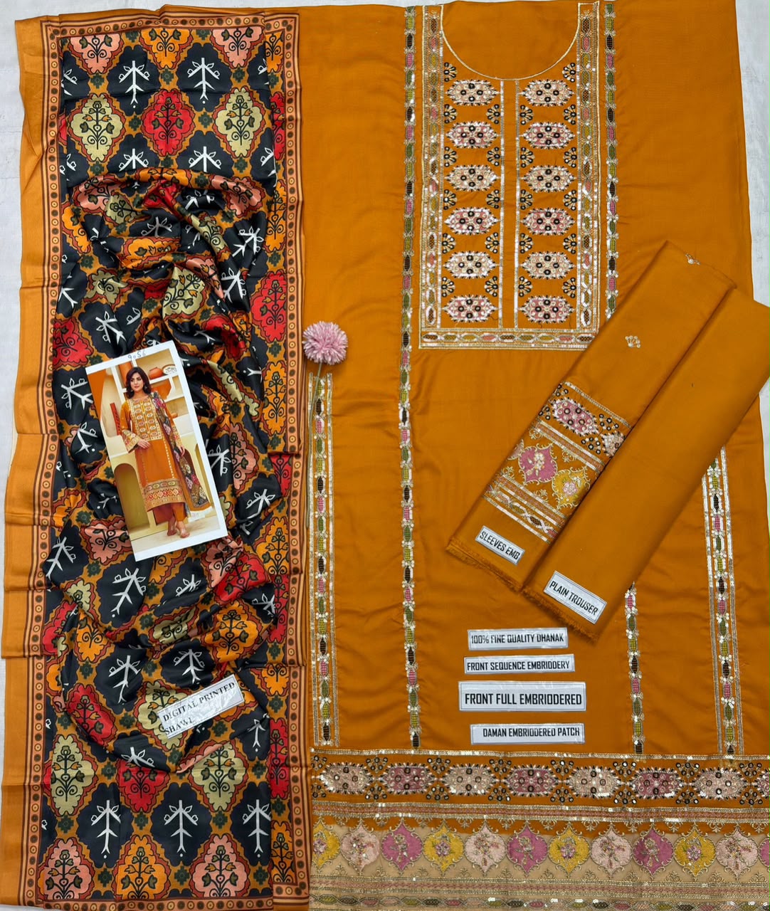 Earthy Mustard Embroidered Dhanak Suit with Digital Printed Shawl