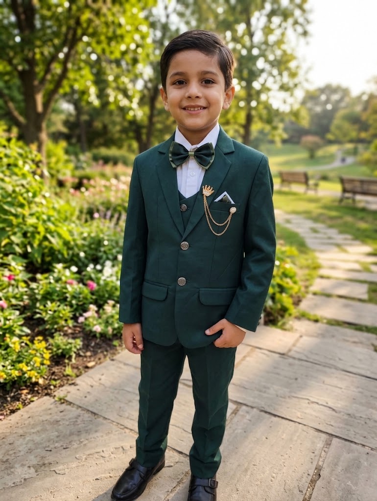 Boys 4-Piece Premium Formal Suit Set – Elegant Blazer, Shirt, Bow Tie & Pocket Square c