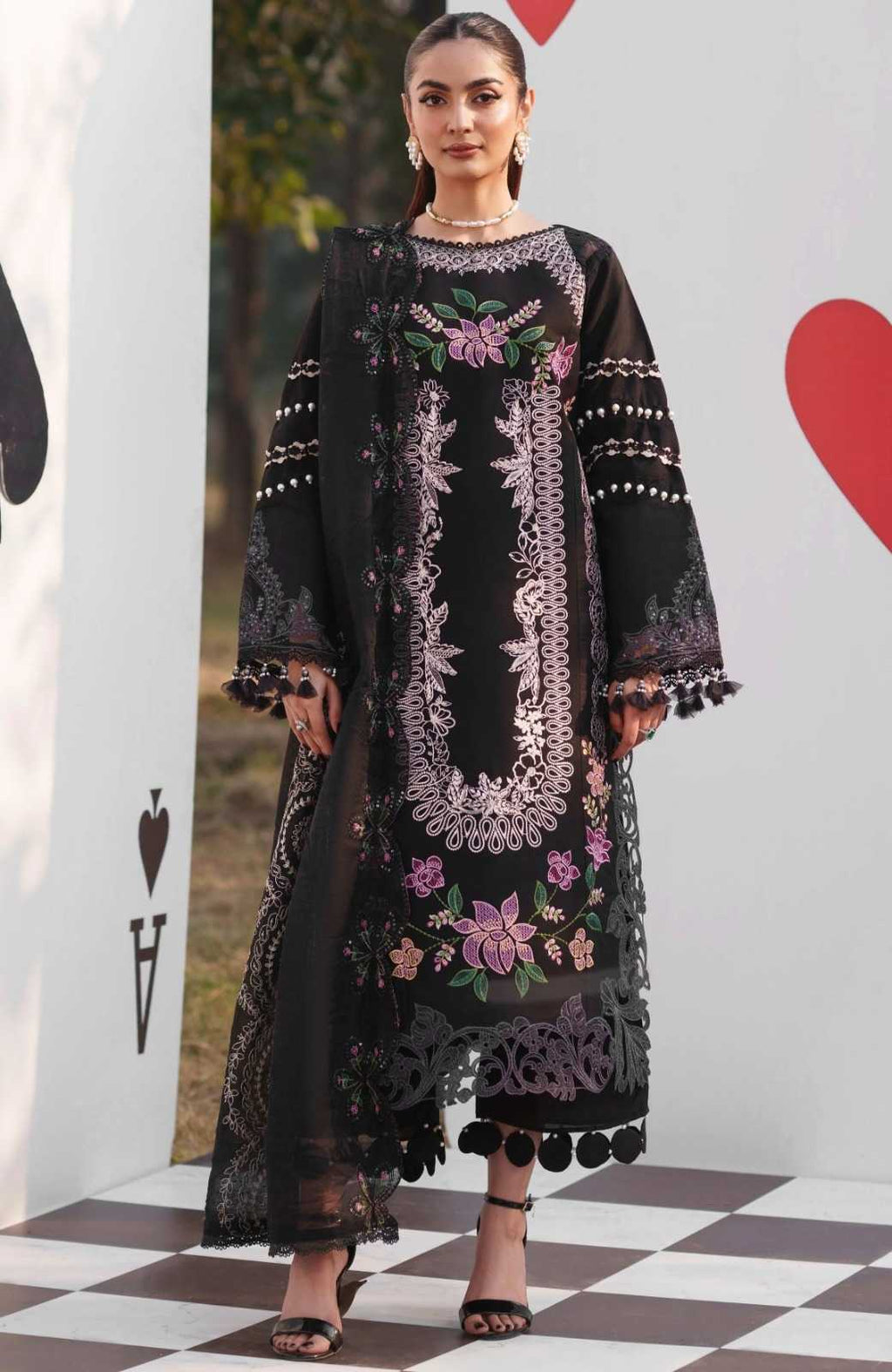 Zarmeen Emaan Artical-939 Fancy Embroidered Shirt Front Back Sleeves Daman Patch Neckline With Premium Viscose Trouser And Pure Bamber Chiffon Dupatta