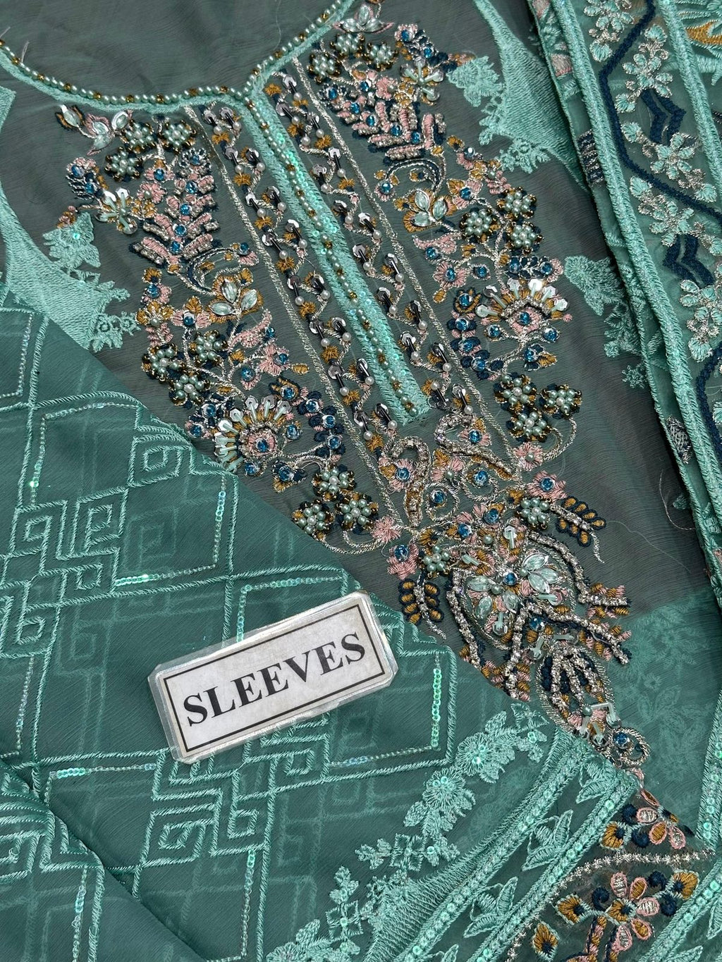 Teal Elegance - Hand-Embellished Chiffon 3-Piece Oranza Dupta Formal Suit